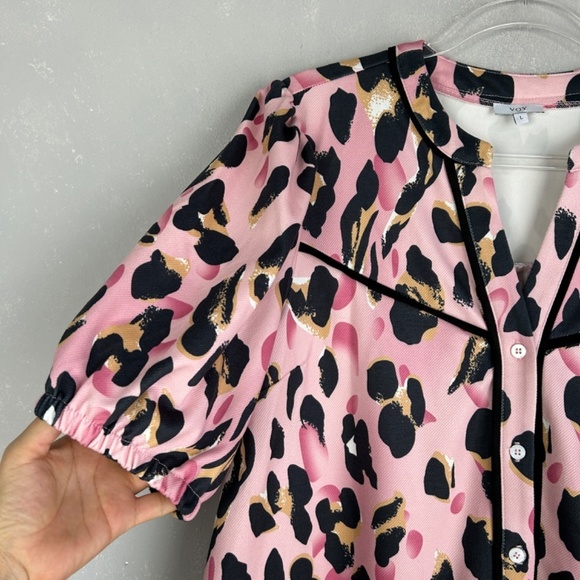 VOY size L pink leopard drop waist ruffle dress short puff sleeve button front - Picture 4 of 12